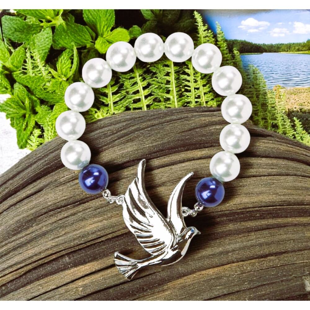 Zeta Phi Beta Bracelet‎ Blue & White Pearls with Silver Dove